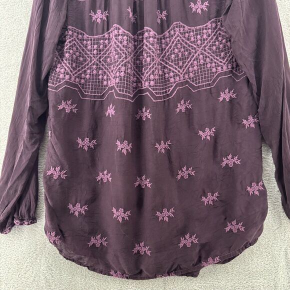 Johnny Was Top S Burgundy Floral Tunic Boho Embroidered V-Neck Long Sleeve - Picture 9 of 13